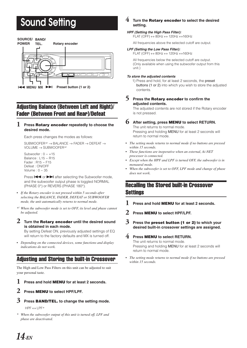 Sound setting, Recalling the stored built-in crossover settings, Adjusting and storing the built-in crossover | Alpine HDA-5460 User Manual | Page 14 / 40