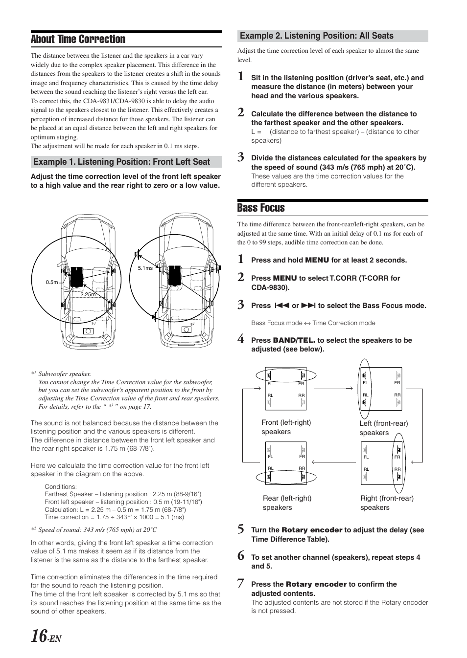 About time correction, Bass focus, Example 1. listening position: front left seat | Example 2. listening position: all seats | Alpine HDA-5460 User Manual | Page 16 / 40