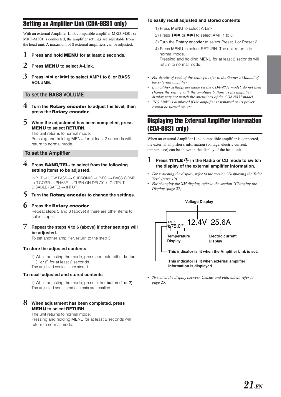4v 25.6a, Setting an amplifier link (cda-9831 only) | Alpine HDA-5460 User Manual | Page 21 / 40