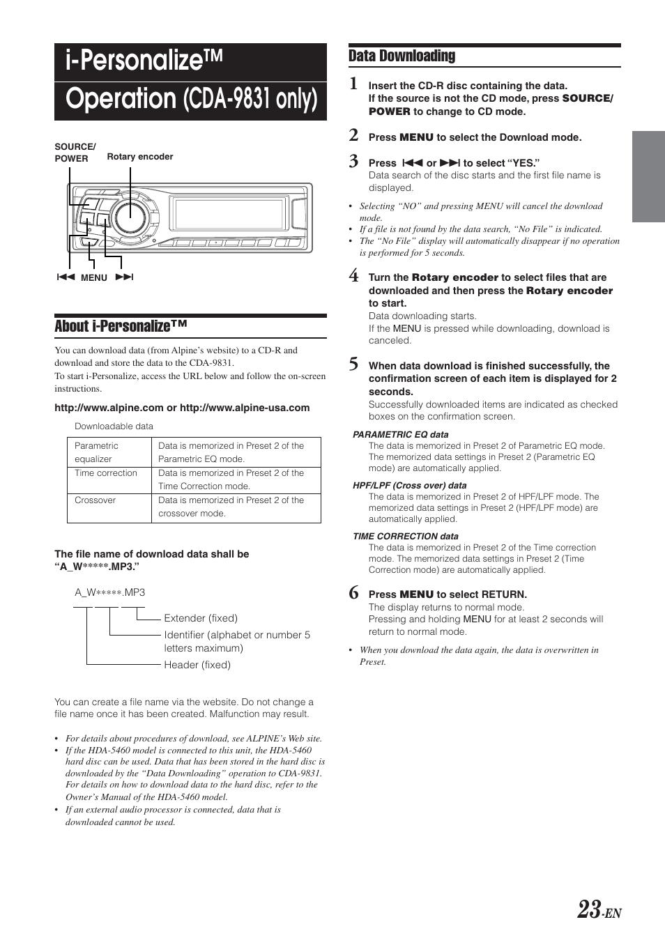 I-personalize™ operation (cda-9831 only), About i-personalize, Data downloading | Alpine HDA-5460 User Manual | Page 23 / 40