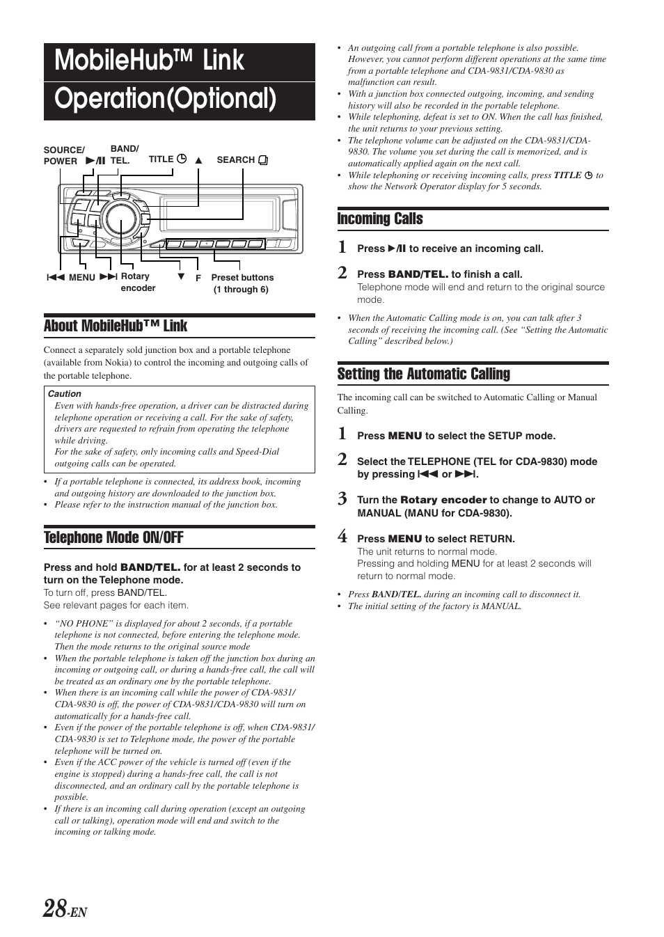 Mobilehub™ link operation(optional), About mobilehub™ link, Telephone mode on/off | Incoming calls, Setting the automatic calling | Alpine HDA-5460 User Manual | Page 28 / 40