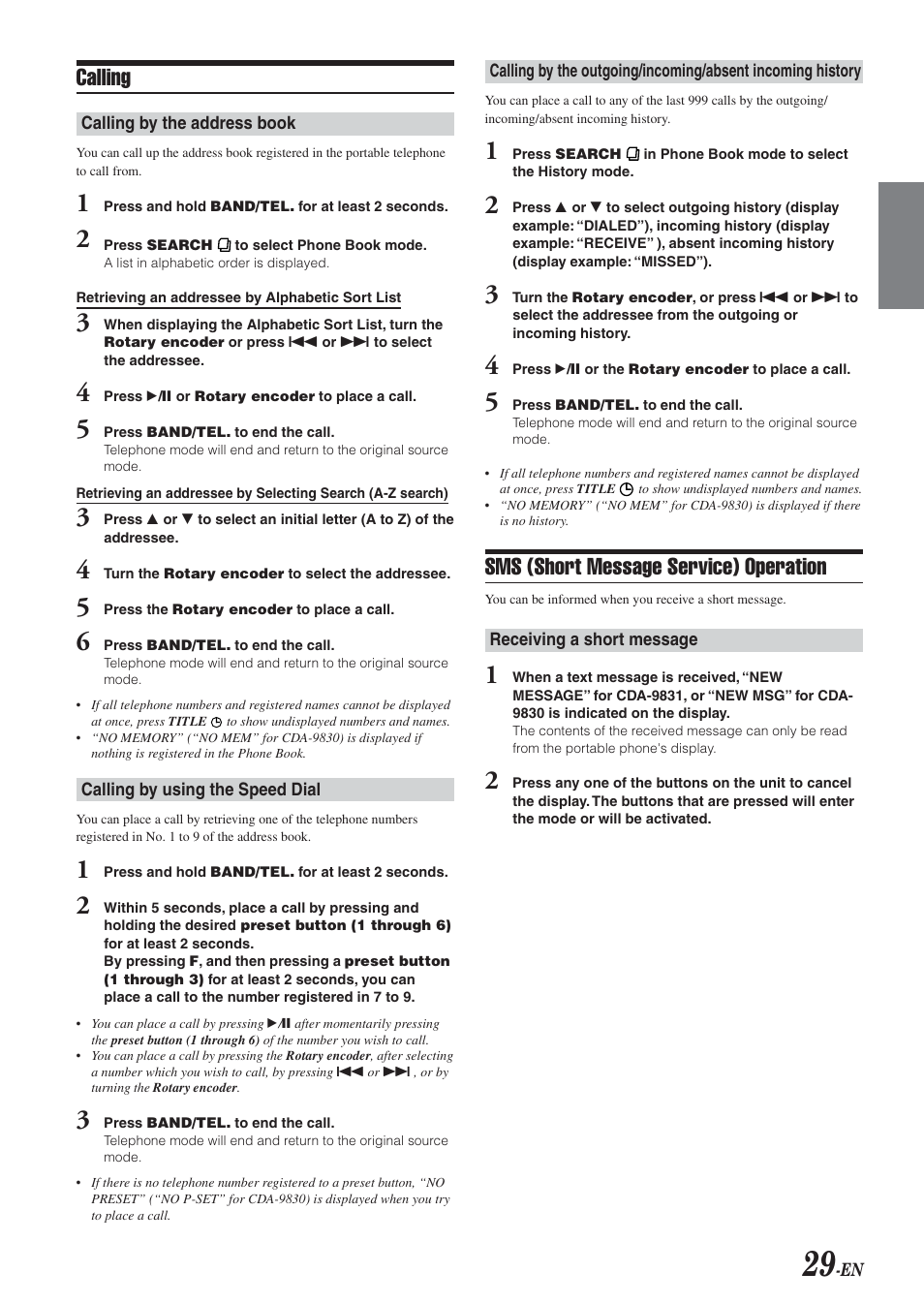 Sms (short message service) operation, Calling | Alpine HDA-5460 User Manual | Page 29 / 40
