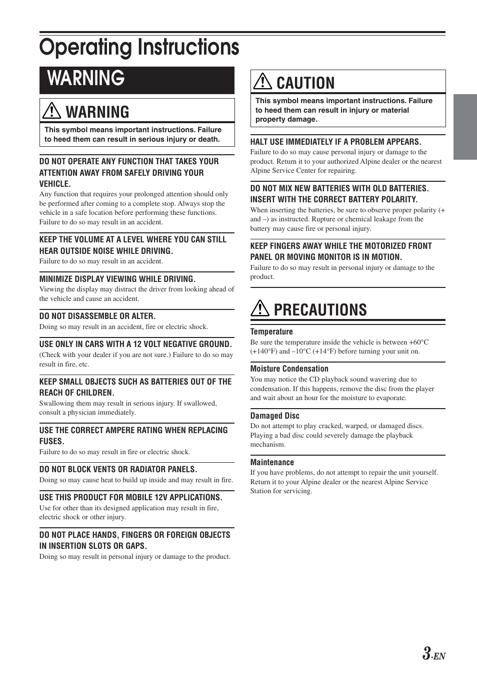Operating instructions, Warning, Caution | Precautions | Alpine HDA-5460 User Manual | Page 3 / 40