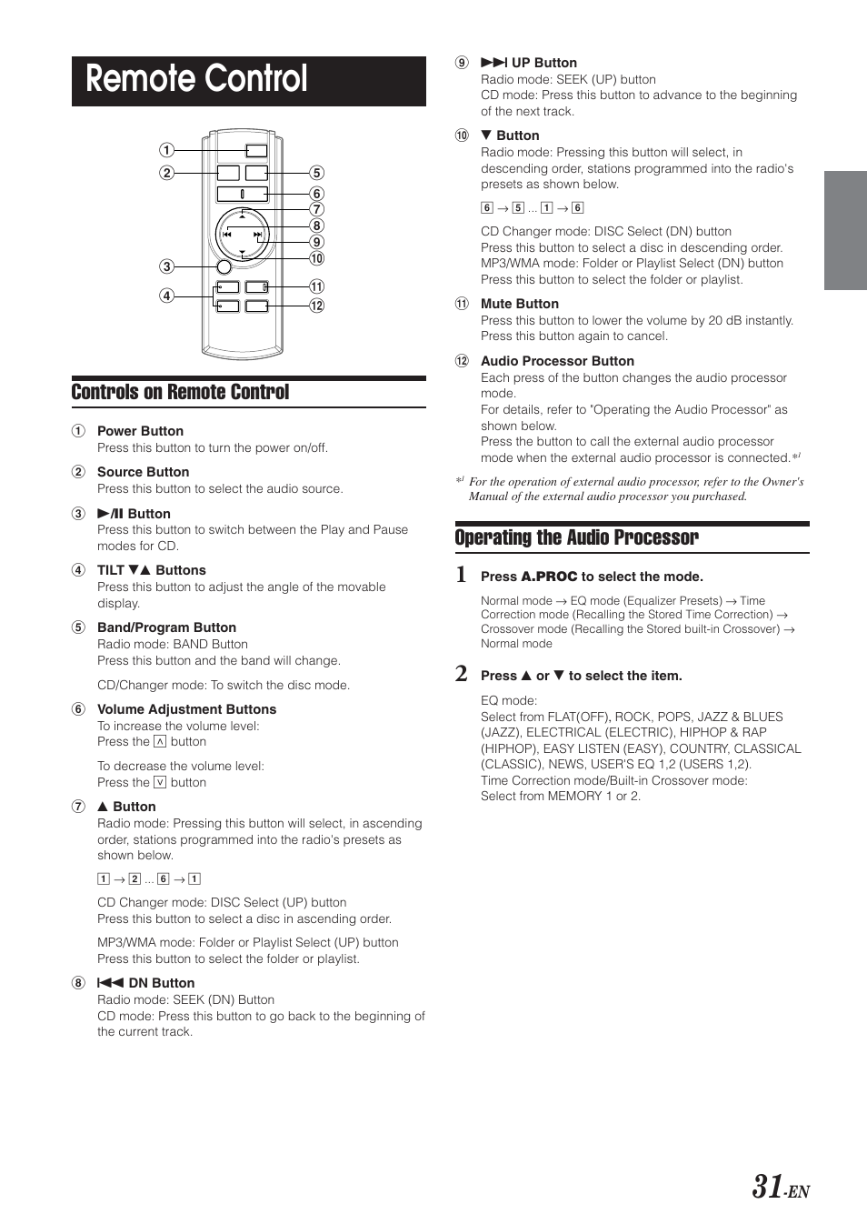 Remote control, Controls on remote control, Operating the audio processor | Alpine HDA-5460 User Manual | Page 31 / 40