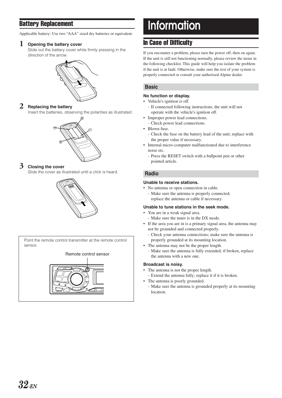 Information, Battery replacement | Alpine HDA-5460 User Manual | Page 32 / 40