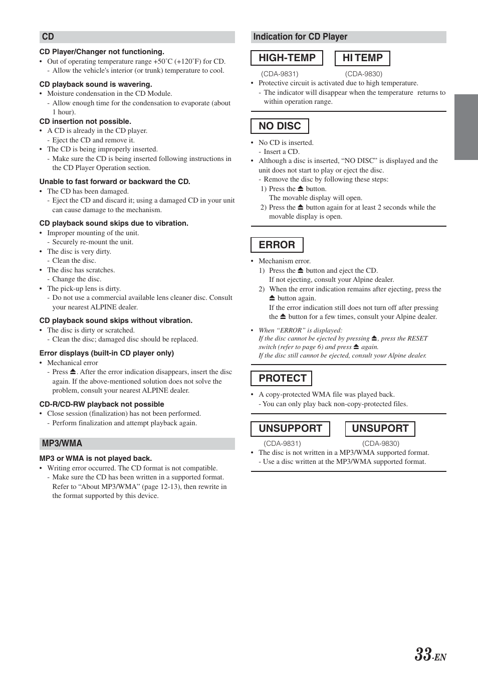 High-temp hi temp, No disc, Error | Protect, Unsupport unsuport | Alpine HDA-5460 User Manual | Page 33 / 40