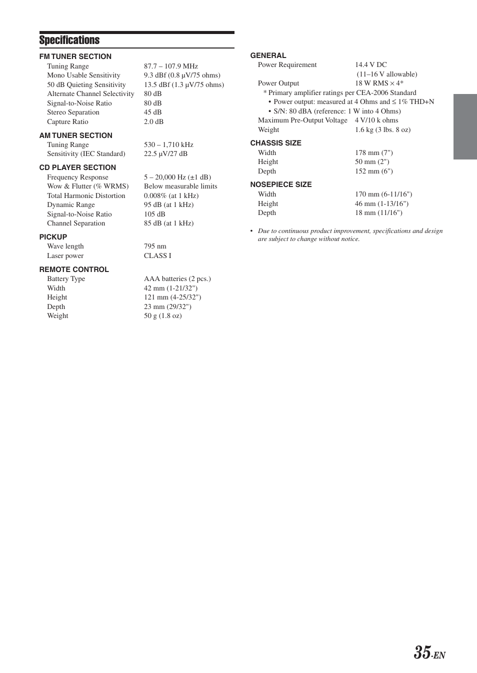 Specifications | Alpine HDA-5460 User Manual | Page 35 / 40