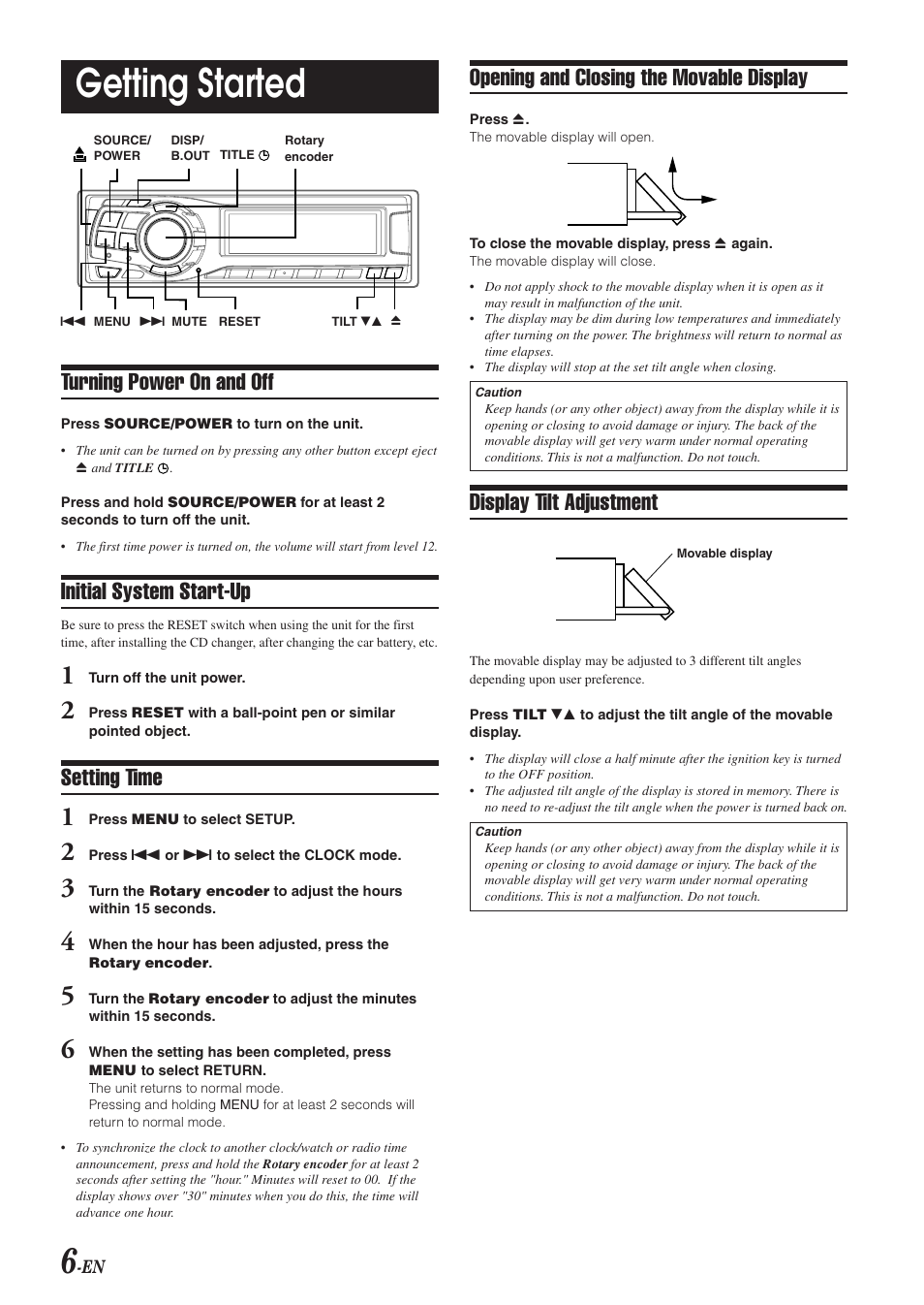 Getting started, Turning power on and off, Initial system start-up | Setting time, Opening and closing the movable display, Display tilt adjustment | Alpine HDA-5460 User Manual | Page 6 / 40