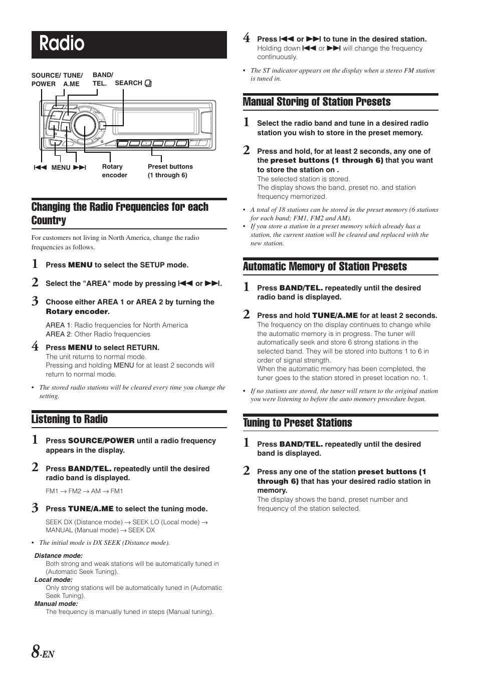 Radio, Changing the radio frequencies for each country, Listening to radio | Manual storing of station presets, Tuning to preset stations | Alpine HDA-5460 User Manual | Page 8 / 40