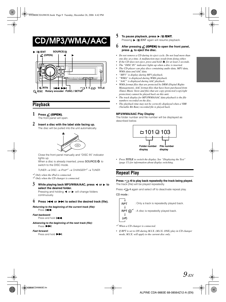 Cd/mp3/wma/aac, Playback, Repeat play | Alpine CDA-9883E User Manual | Page 10 / 33