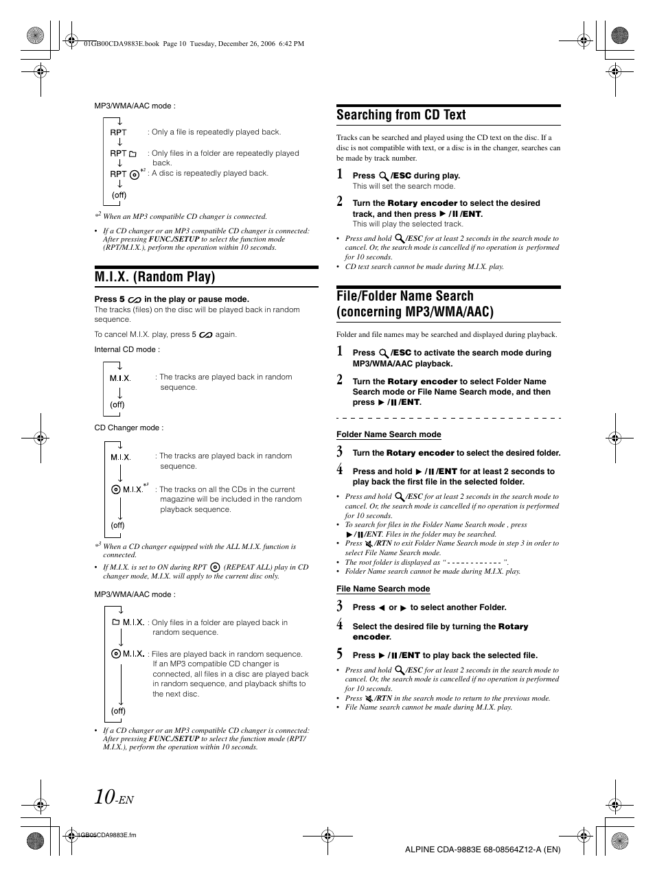 M.i.x. (random play), Searching from cd text, File/folder name search (concerning mp3/wma/aac) | Alpine CDA-9883E User Manual | Page 11 / 33