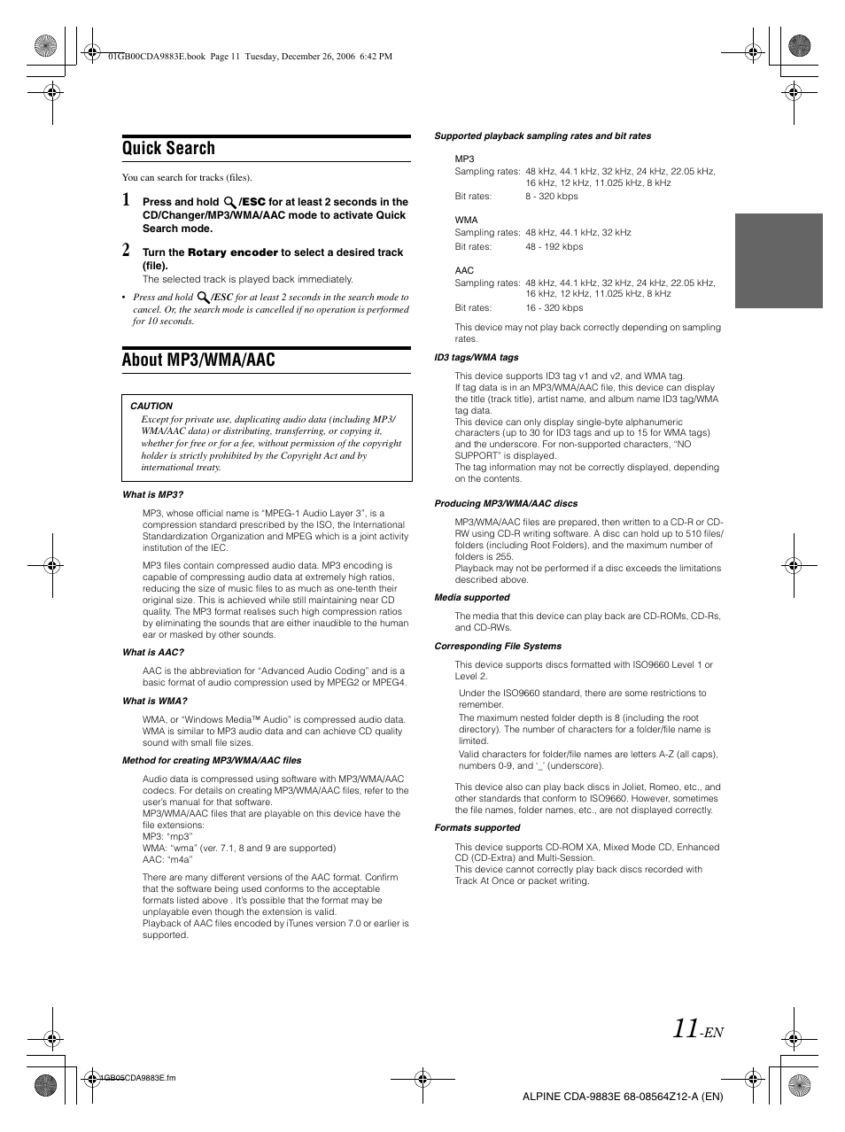 Quick search, About mp3/wma/aac | Alpine CDA-9883E User Manual | Page 12 / 33