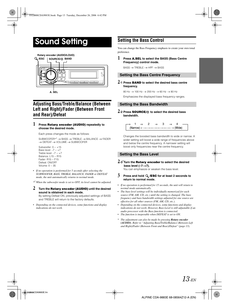 Sound setting, Setting the bass control | Alpine CDA-9883E User Manual | Page 14 / 33