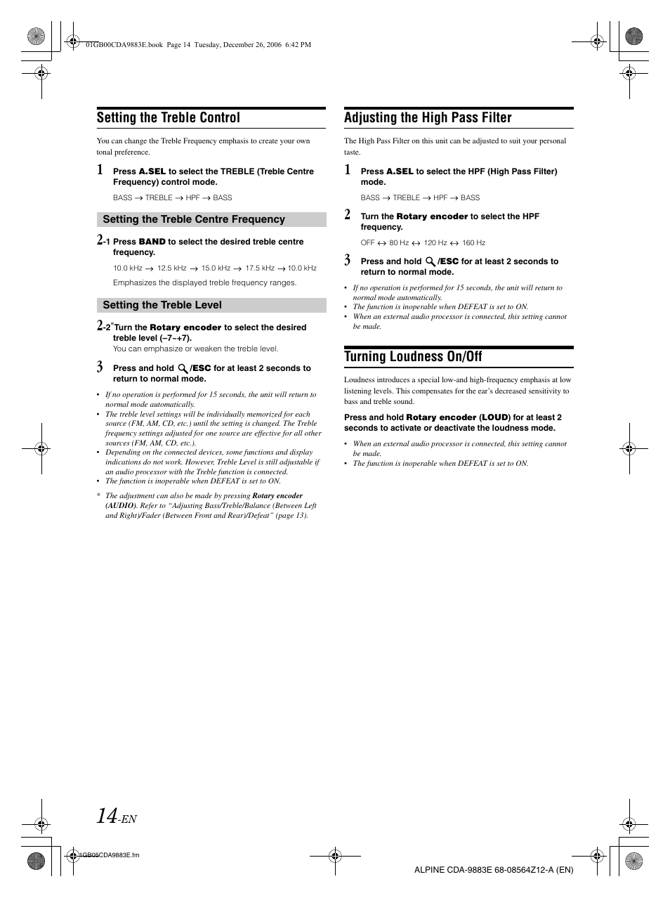 Setting the treble control, Adjusting the high pass filter, Turning loudness on/off | Alpine CDA-9883E User Manual | Page 15 / 33