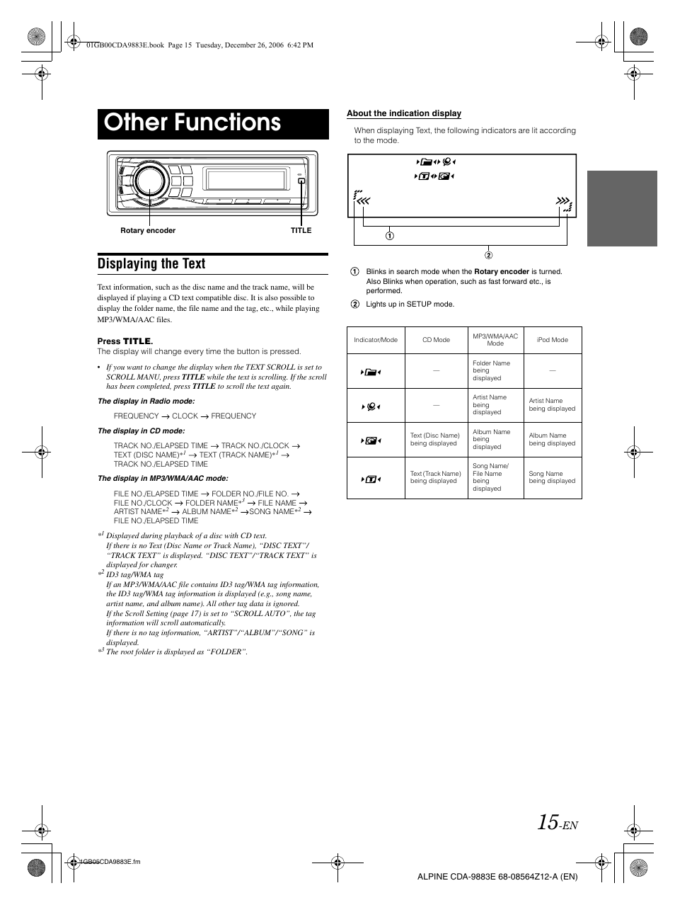 Other functions, Displaying the text | Alpine CDA-9883E User Manual | Page 16 / 33