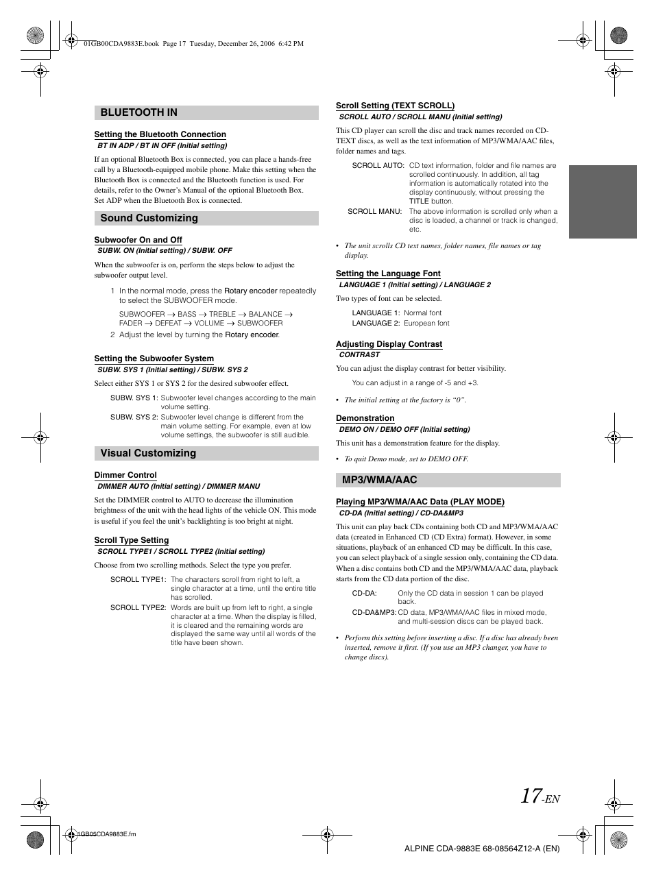 Bluetooth in, Sound customizing, Visual customizing | Mp3/wma/aac | Alpine CDA-9883E User Manual | Page 18 / 33