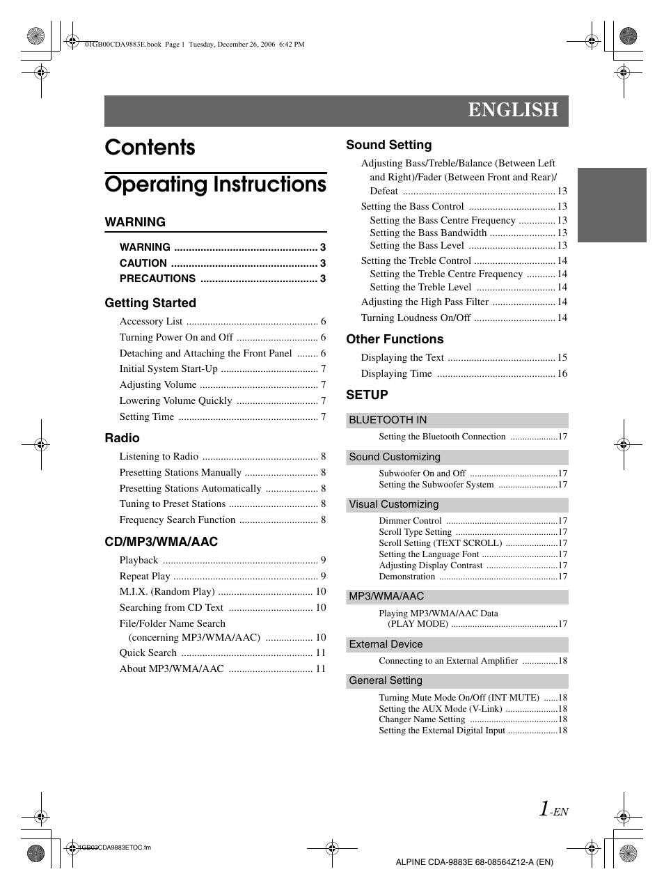 Contents operating instructions, English | Alpine CDA-9883E User Manual | Page 2 / 33