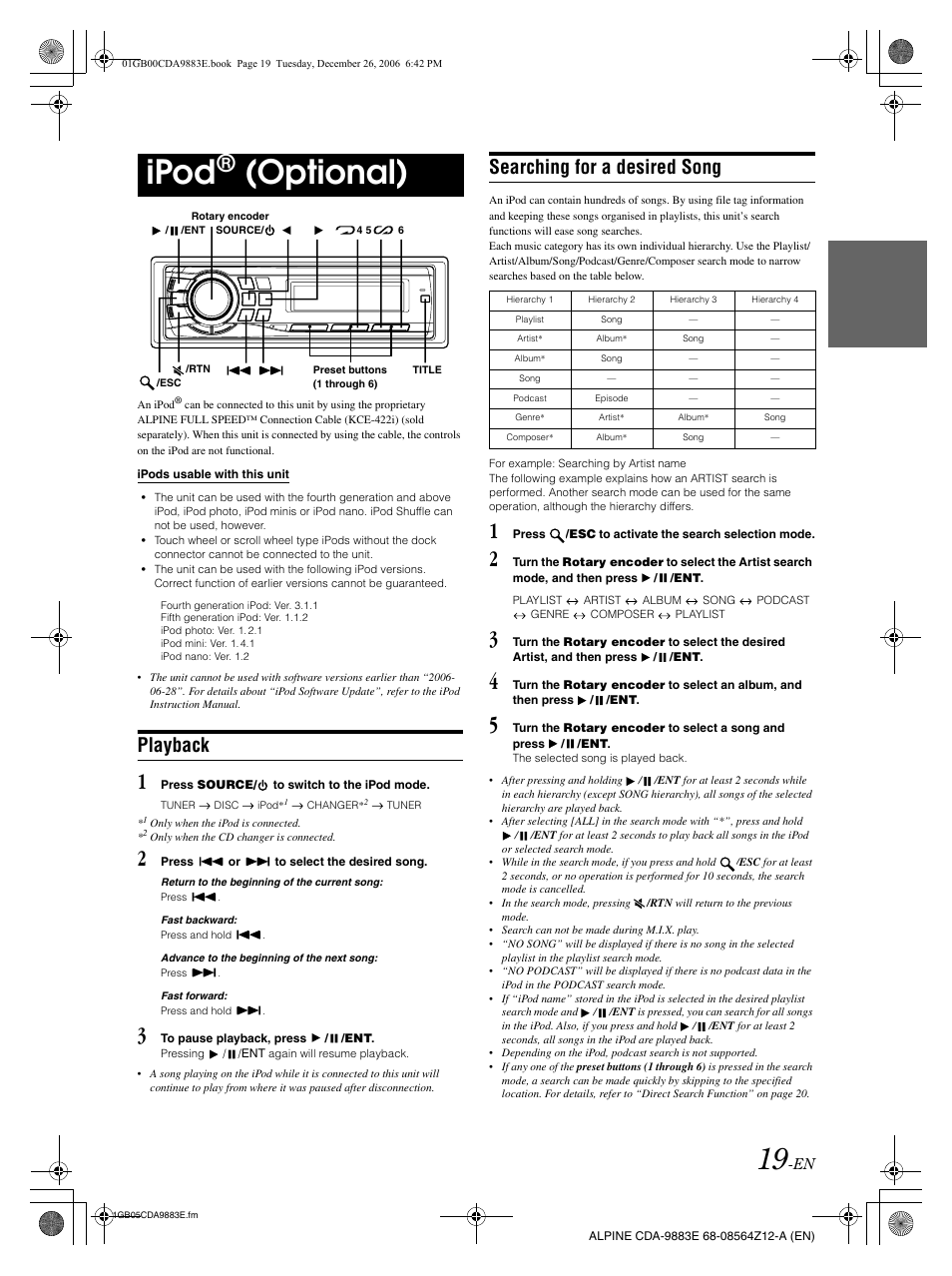 Ipod, Optional), Playback | Searching for a desired song | Alpine CDA-9883E User Manual | Page 20 / 33