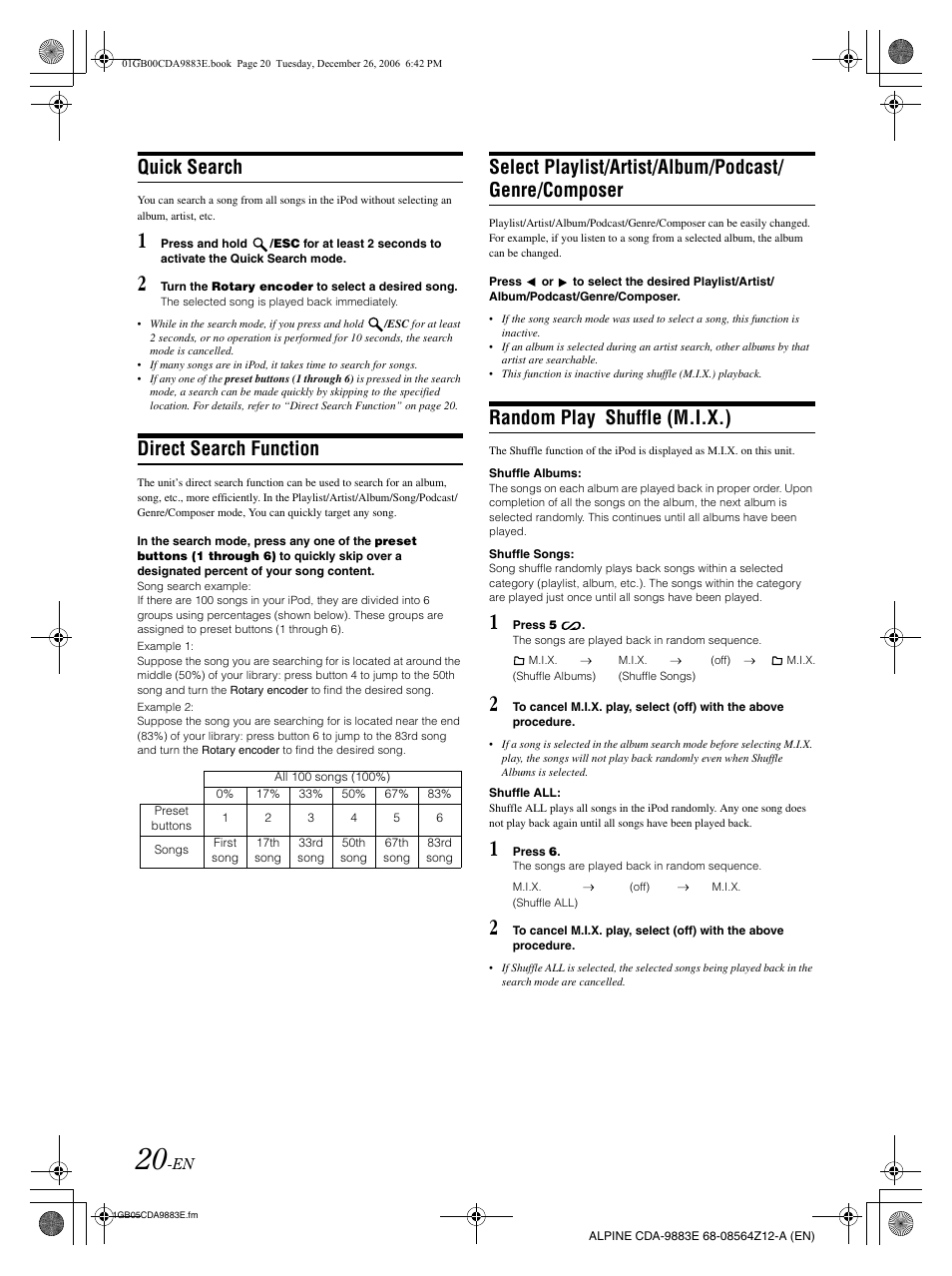 Quick search, Direct search function, Random play shuffle (m.i.x.) | Alpine CDA-9883E User Manual | Page 21 / 33