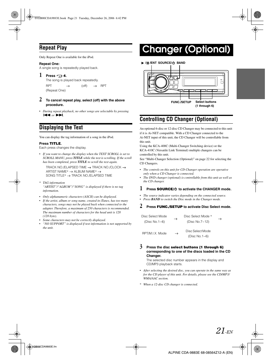 Changer (optional), Repeat play, Displaying the text | Controlling cd changer (optional) | Alpine CDA-9883E User Manual | Page 22 / 33