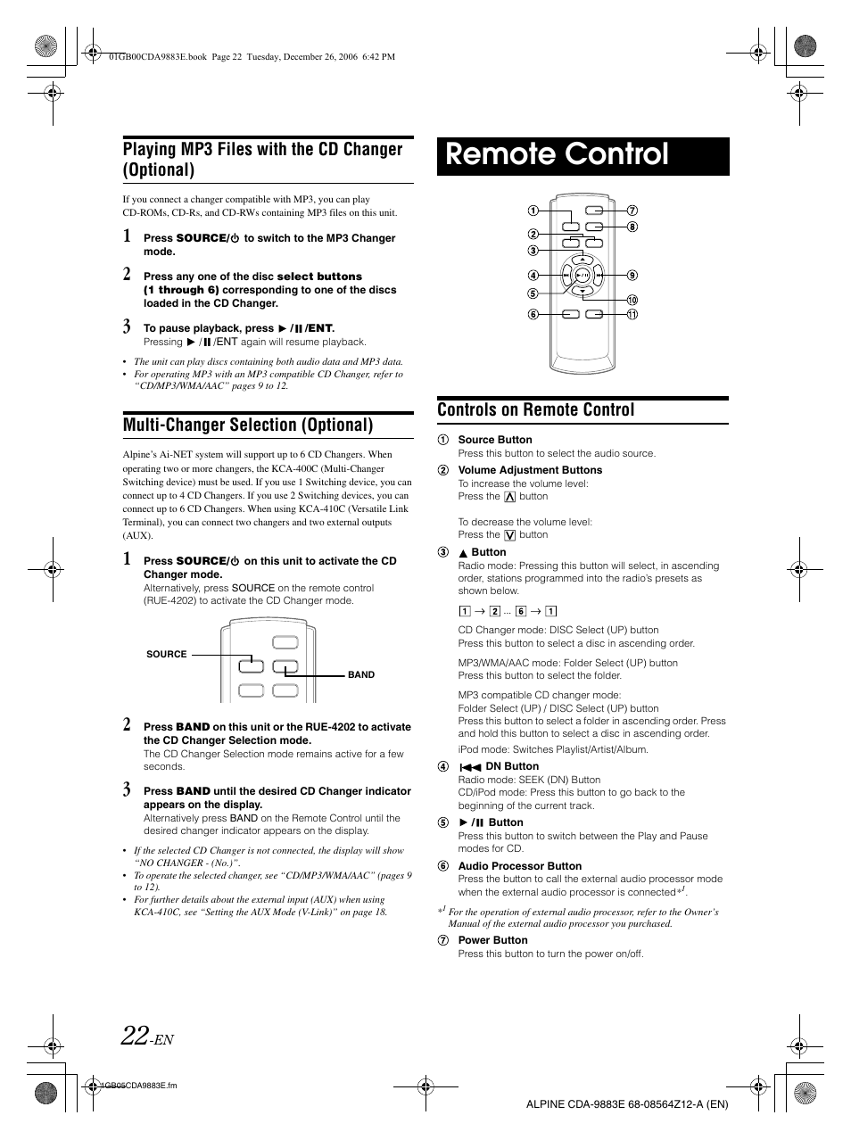 Remote control, Playing mp3 files with the cd changer (optional), Multi-changer selection (optional) | Controls on remote control | Alpine CDA-9883E User Manual | Page 23 / 33