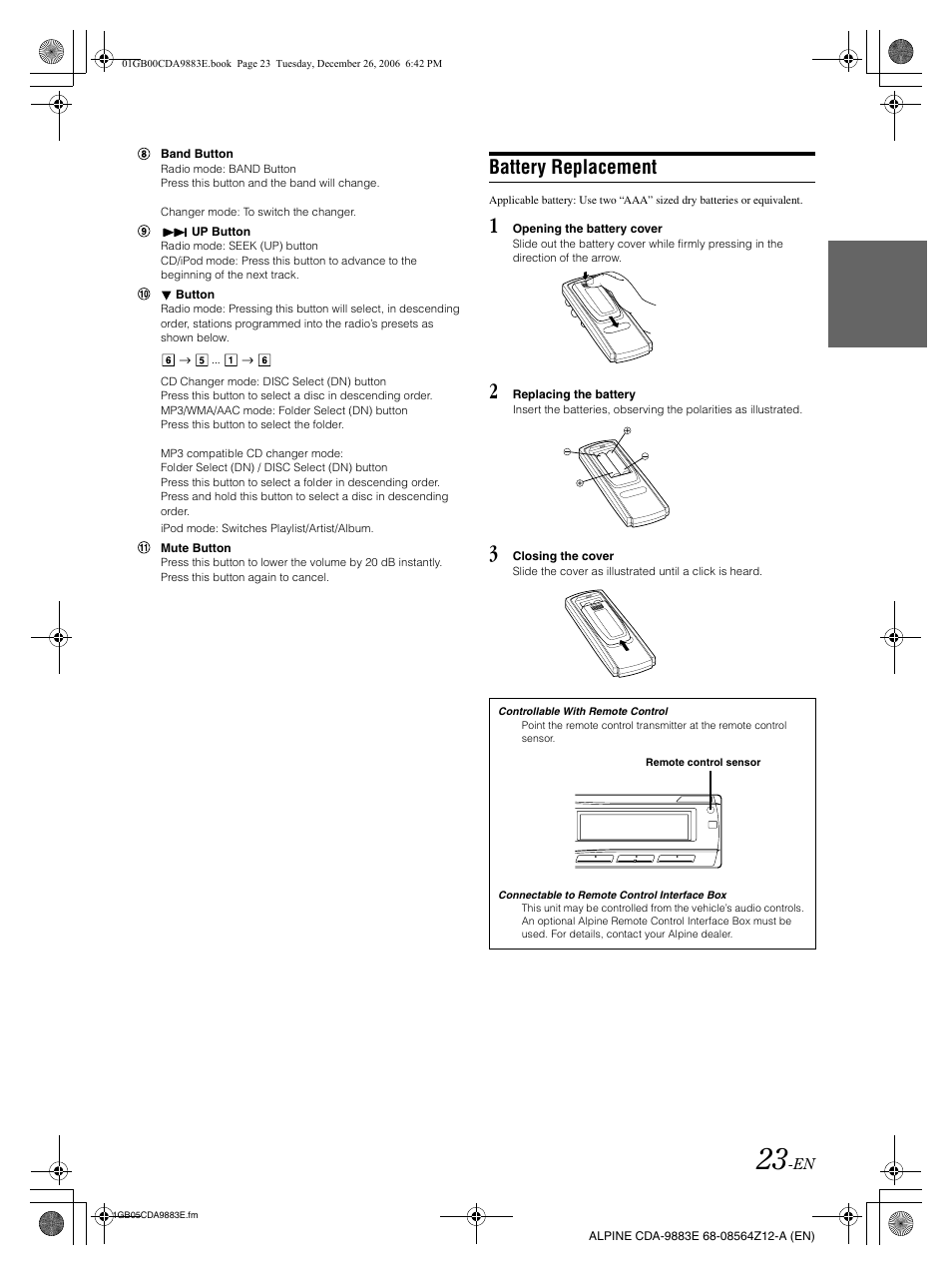 Battery replacement | Alpine CDA-9883E User Manual | Page 24 / 33