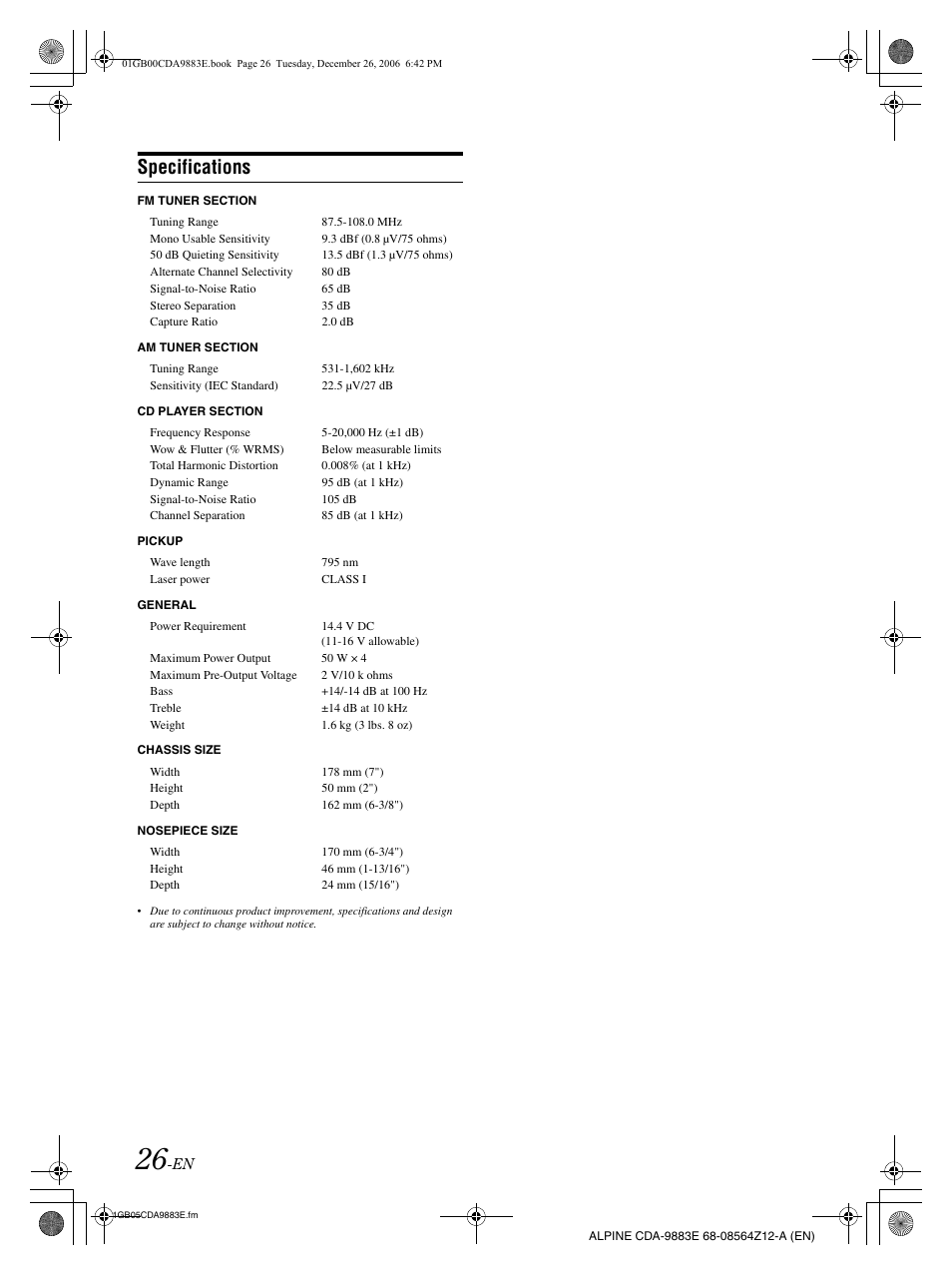 Specifications | Alpine CDA-9883E User Manual | Page 27 / 33