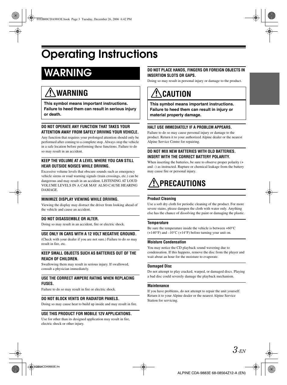 Operating instructions, Warning, Precautions | Caution | Alpine CDA-9883E User Manual | Page 4 / 33