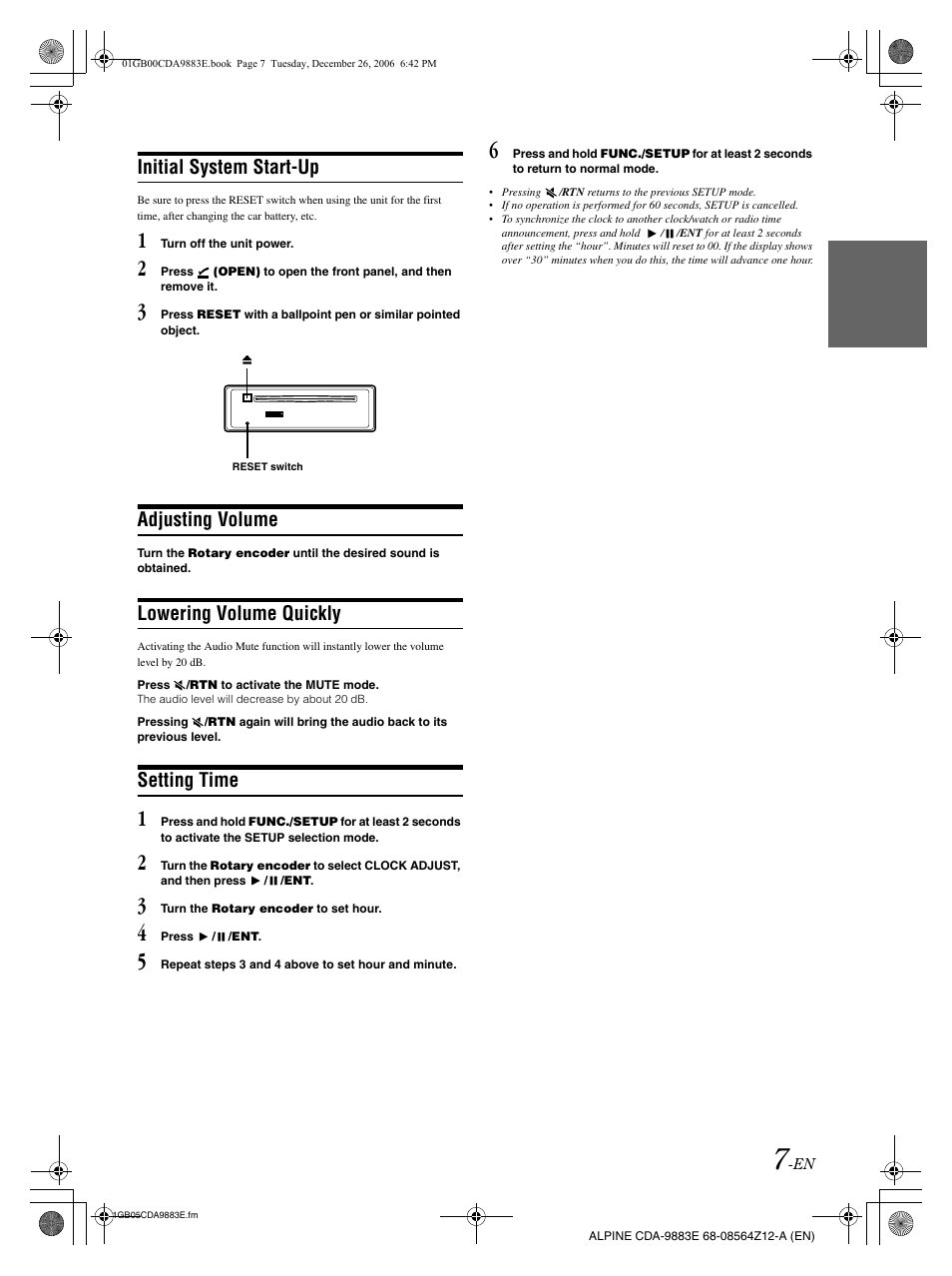 Initial system start-up, Adjusting volume, Lowering volume quickly | Setting time | Alpine CDA-9883E User Manual | Page 8 / 33