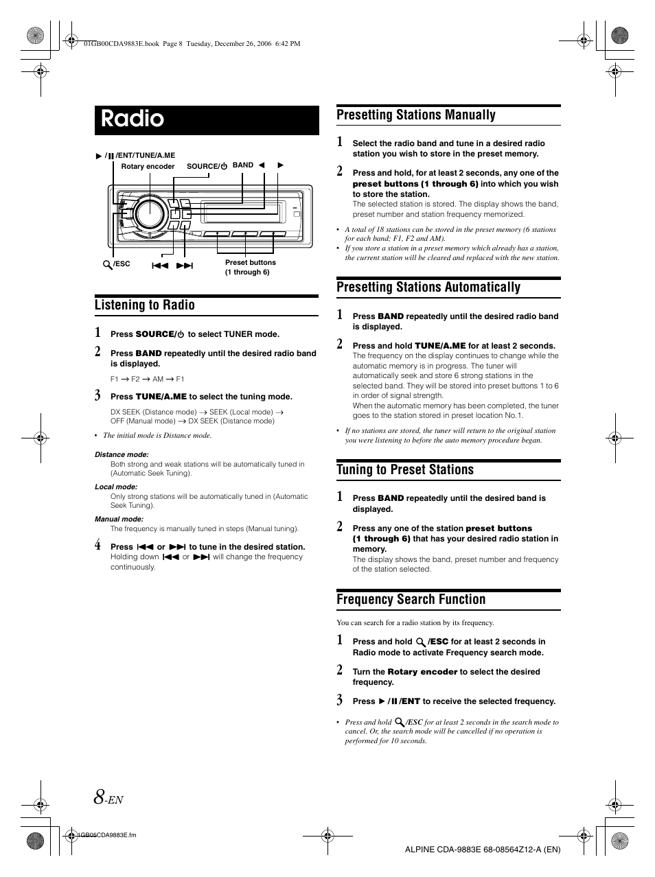 Radio, Listening to radio, Presetting stations manually | Presetting stations automatically, Tuning to preset stations, Frequency search function | Alpine CDA-9883E User Manual | Page 9 / 33