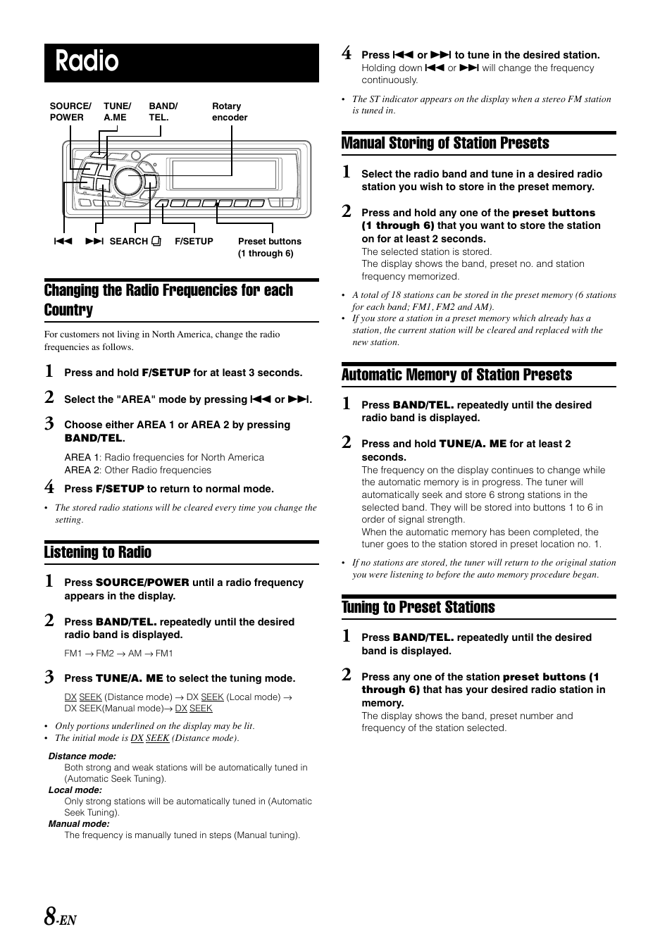 Radio, Changing the radio frequencies for each country, Listening to radio | Manual storing of station presets, Tuning to preset stations | Alpine CDA-9813 User Manual | Page 10 / 43