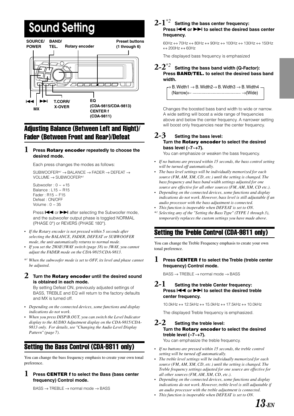 Sound setting, Setting the bass control (cda-9811 only), Setting the treble control (cda-9811 only) | Alpine CDA-9813 User Manual | Page 15 / 43