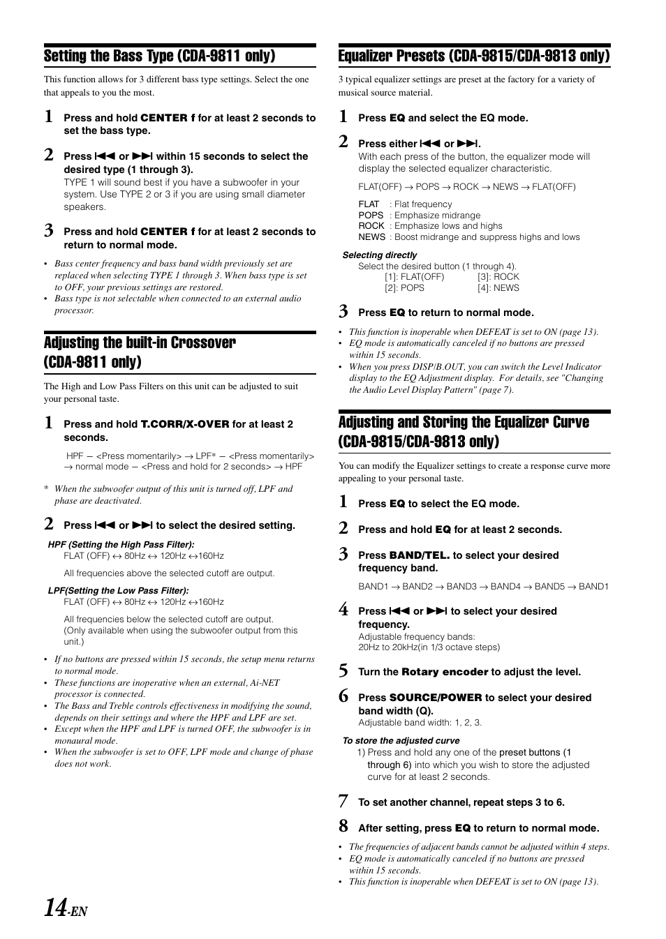 Setting the bass type (cda-9811 only), Adjusting the built-in crossover (cda-9811 only) | Alpine CDA-9813 User Manual | Page 16 / 43