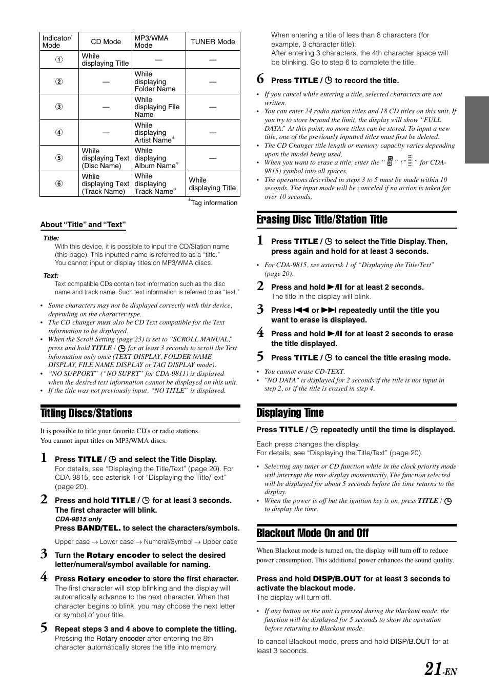 Erasing disc title/station title, Displaying time, Blackout mode on and off | Titling discs/stations | Alpine CDA-9813 User Manual | Page 23 / 43
