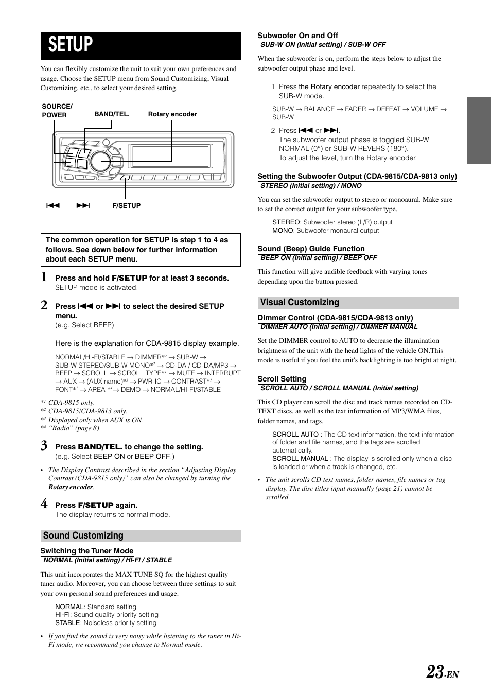 Setup, Sound customizing, Visual customizing | Alpine CDA-9813 User Manual | Page 25 / 43