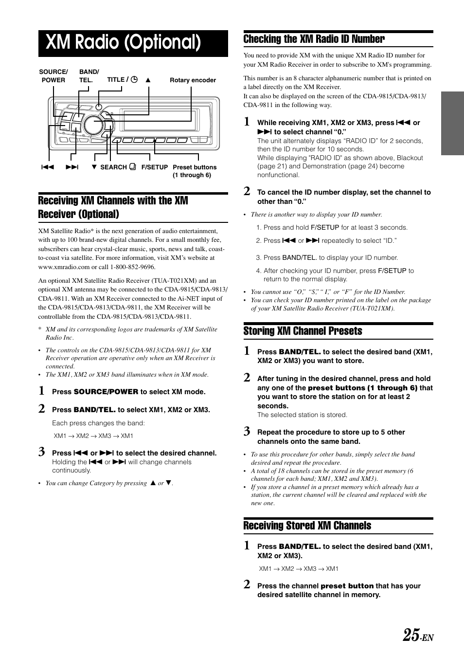 Xm radio (optional), Checking the xm radio id number, Storing xm channel presets | Receiving stored xm channels | Alpine CDA-9813 User Manual | Page 27 / 43