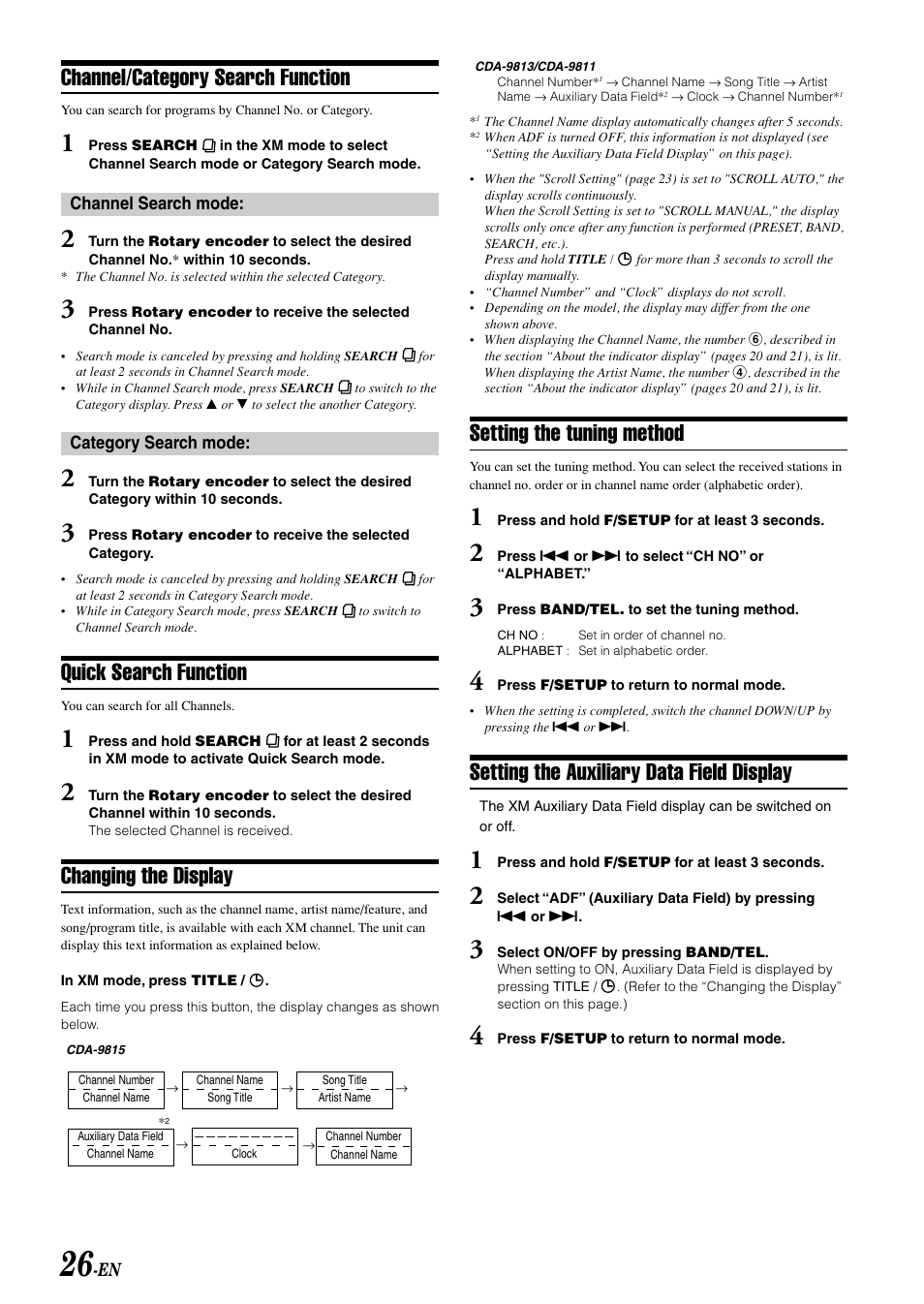Channel/category search function, Quick search function, Changing the display | Setting the tuning method, Setting the auxiliary data field display | Alpine CDA-9813 User Manual | Page 28 / 43