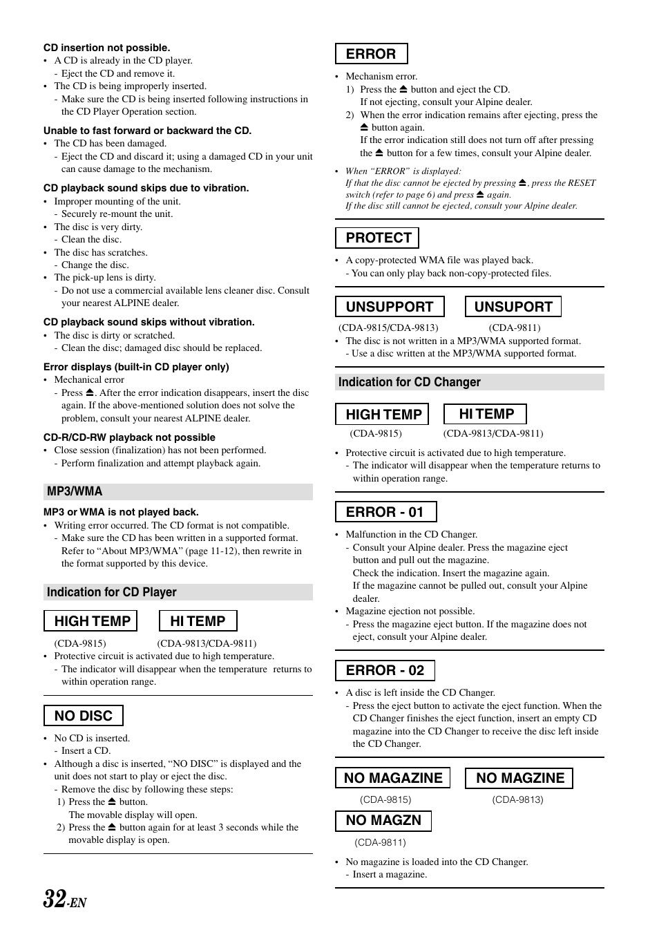 High temp hi temp, No disc, Error | Protect, Unsupport unsuport, Error - 01, Error - 02, No magazine no magzine, No magzn, Hi temp high temp | Alpine CDA-9813 User Manual | Page 34 / 43