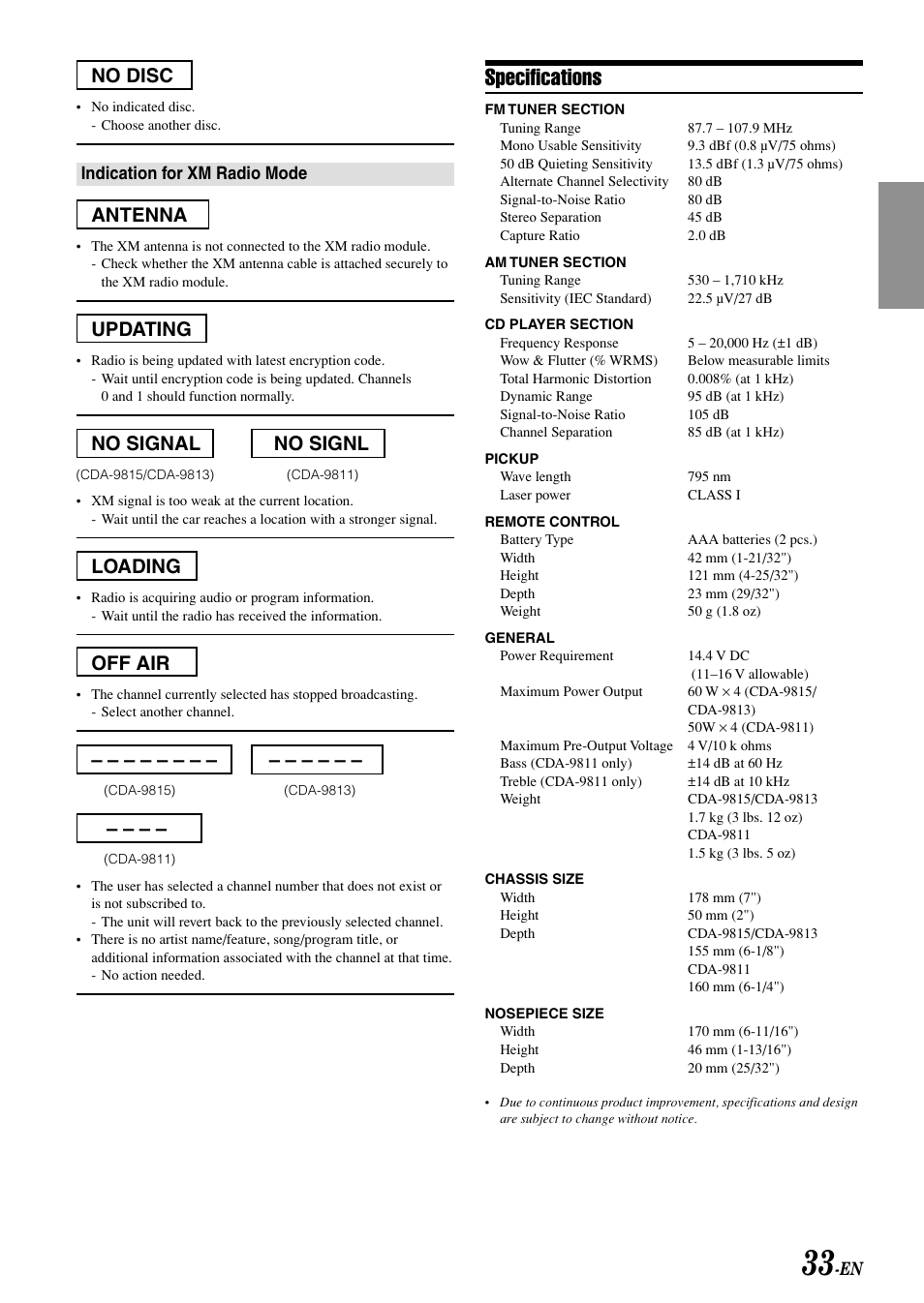 Specifications, No disc, Antenna | Updating, No signal no signl, Loading, Off air | Alpine CDA-9813 User Manual | Page 35 / 43