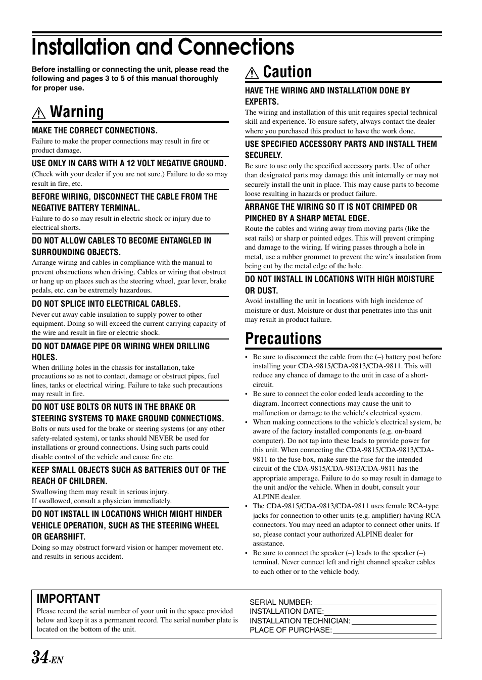 Installation and connections, Warning, Caution | Precautions, Important | Alpine CDA-9813 User Manual | Page 36 / 43