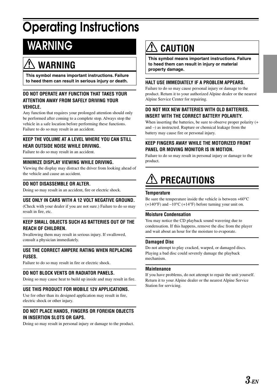 Operating instructions, Warning, Caution | Precautions | Alpine CDA-9813 User Manual | Page 5 / 43