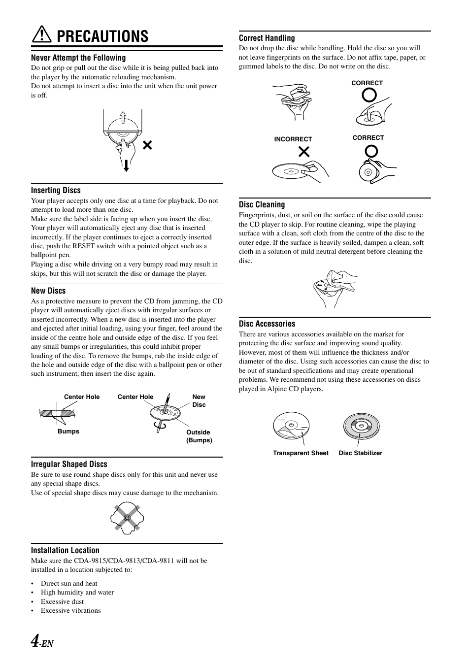 Precautions | Alpine CDA-9813 User Manual | Page 6 / 43