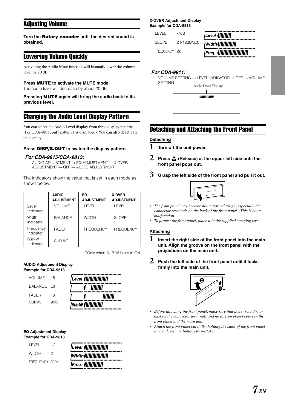 Detaching and attaching the front panel, Adjusting volume, Lowering volume quickly | Changing the audio level display pattern | Alpine CDA-9813 User Manual | Page 9 / 43