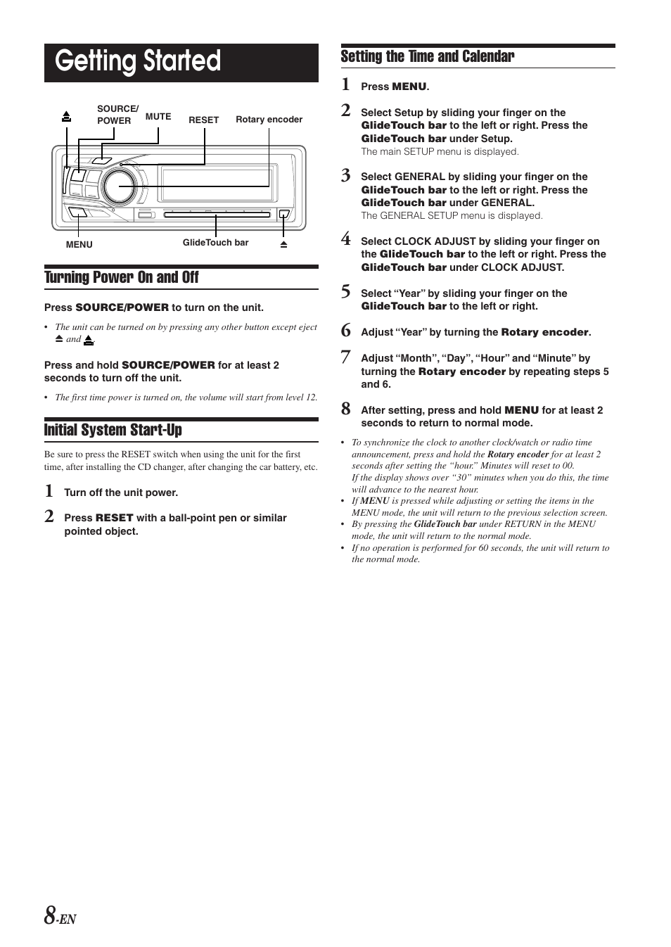 Getting started, Turning power on and off, Initial system start-up | Setting the time and calendar | Alpine DVA-9965E User Manual | Page 10 / 70