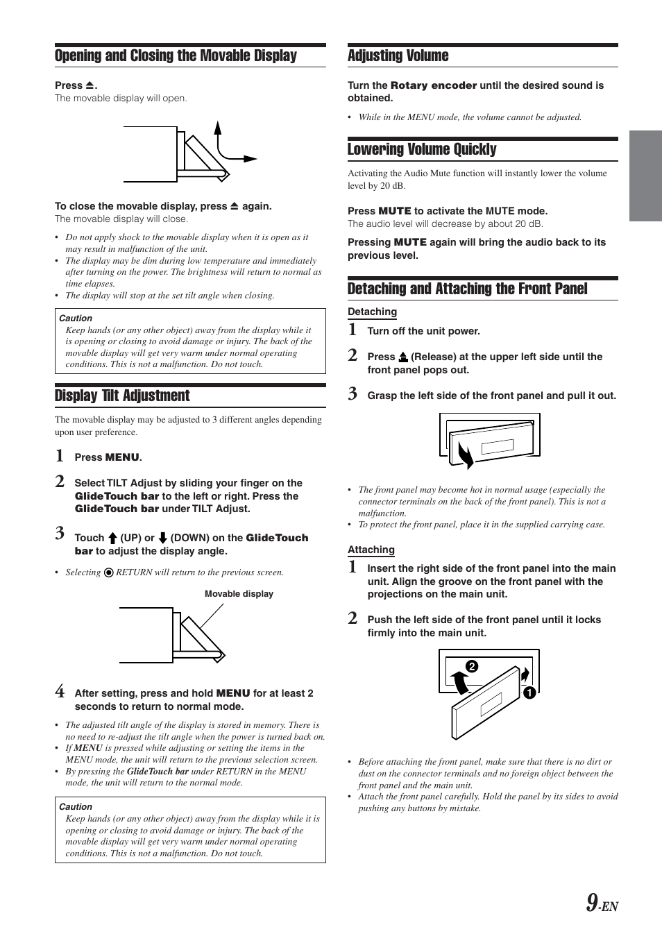 Opening and closing the movable display, Display tilt adjustment, Adjusting volume | Lowering volume quickly, Detaching and attaching the front panel | Alpine DVA-9965E User Manual | Page 11 / 70