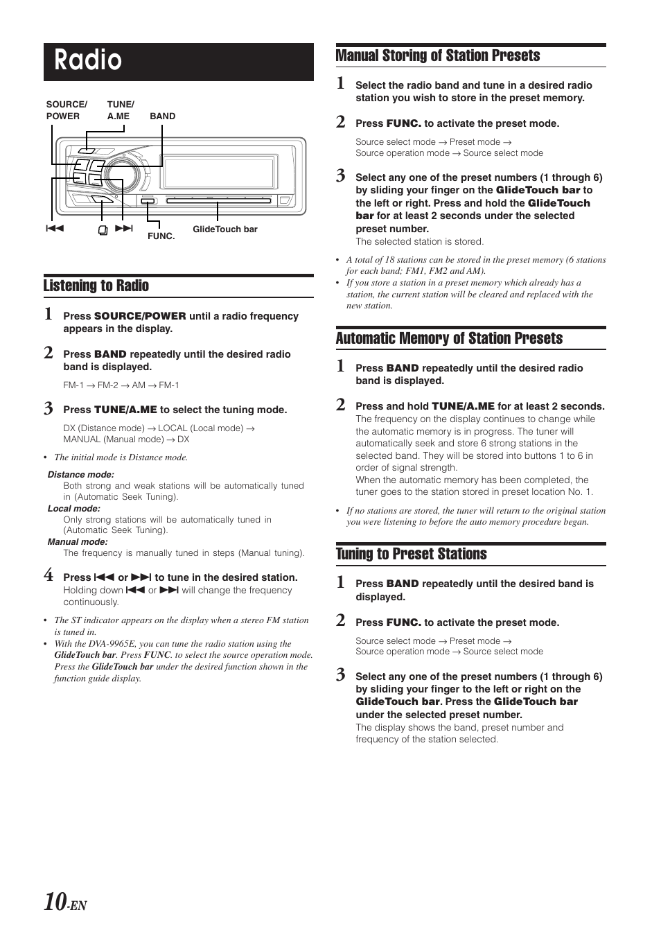 Radio, Listening to radio, Manual storing of station presets | Tuning to preset stations | Alpine DVA-9965E User Manual | Page 12 / 70