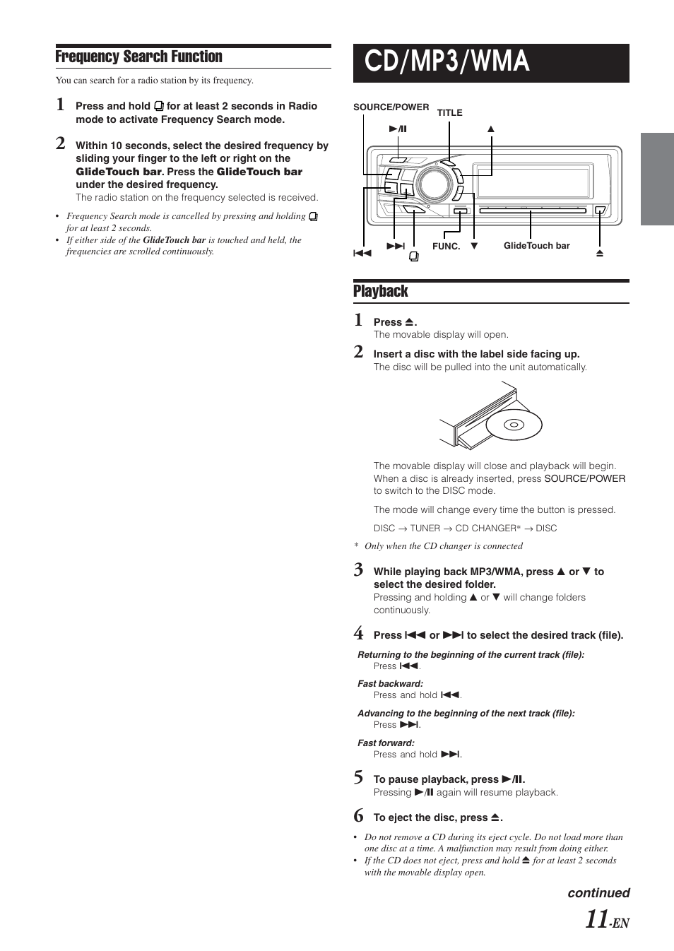 Cd/mp3/wma, Playback, Frequency search function | Alpine DVA-9965E User Manual | Page 13 / 70