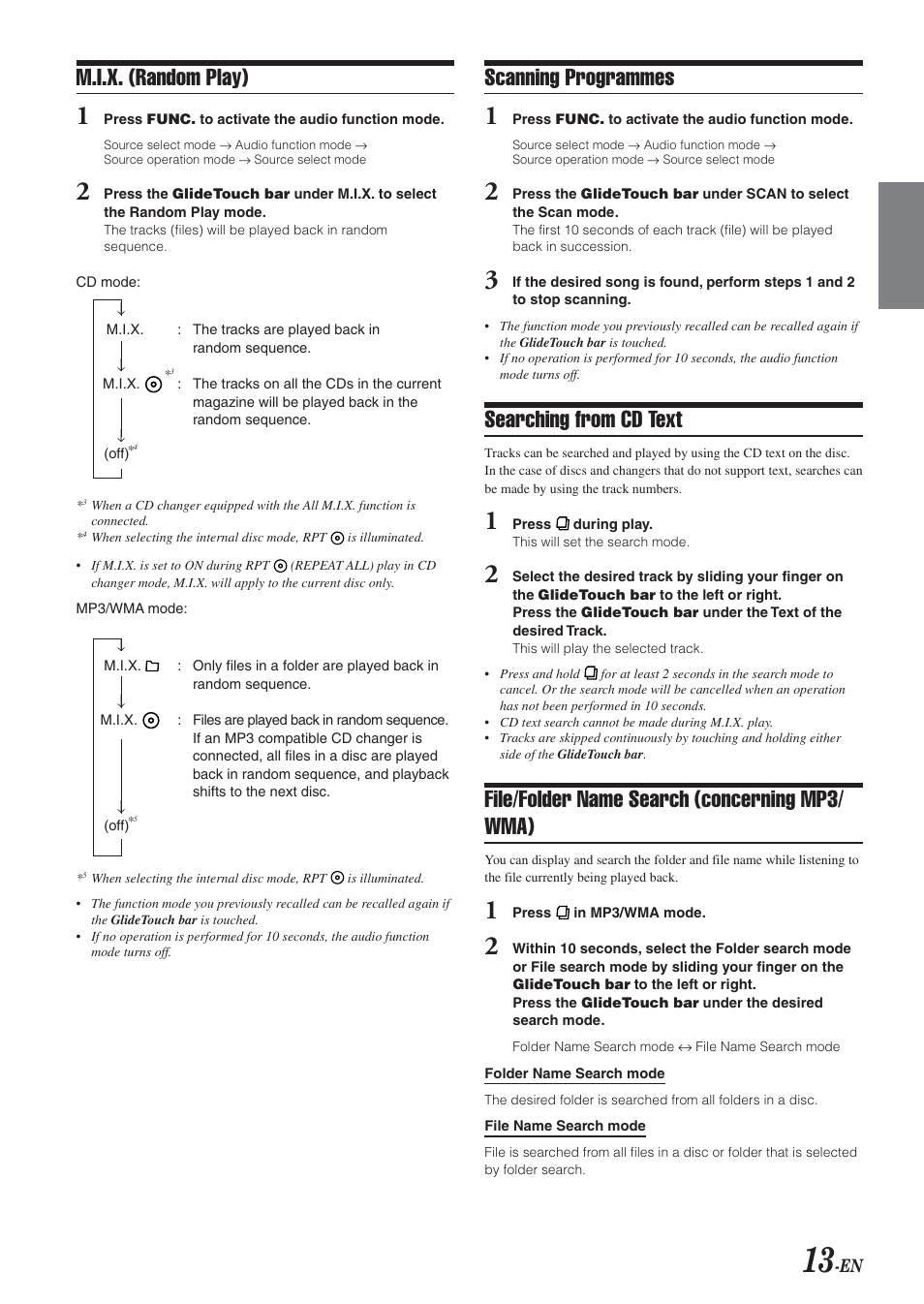 M.i.x. (random play), Scanning programmes, Searching from cd text | File/folder name search (concerning mp3/ wma) | Alpine DVA-9965E User Manual | Page 15 / 70