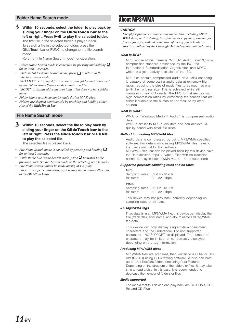 About mp3/wma, En folder name search mode, File name search mode | Alpine DVA-9965E User Manual | Page 16 / 70