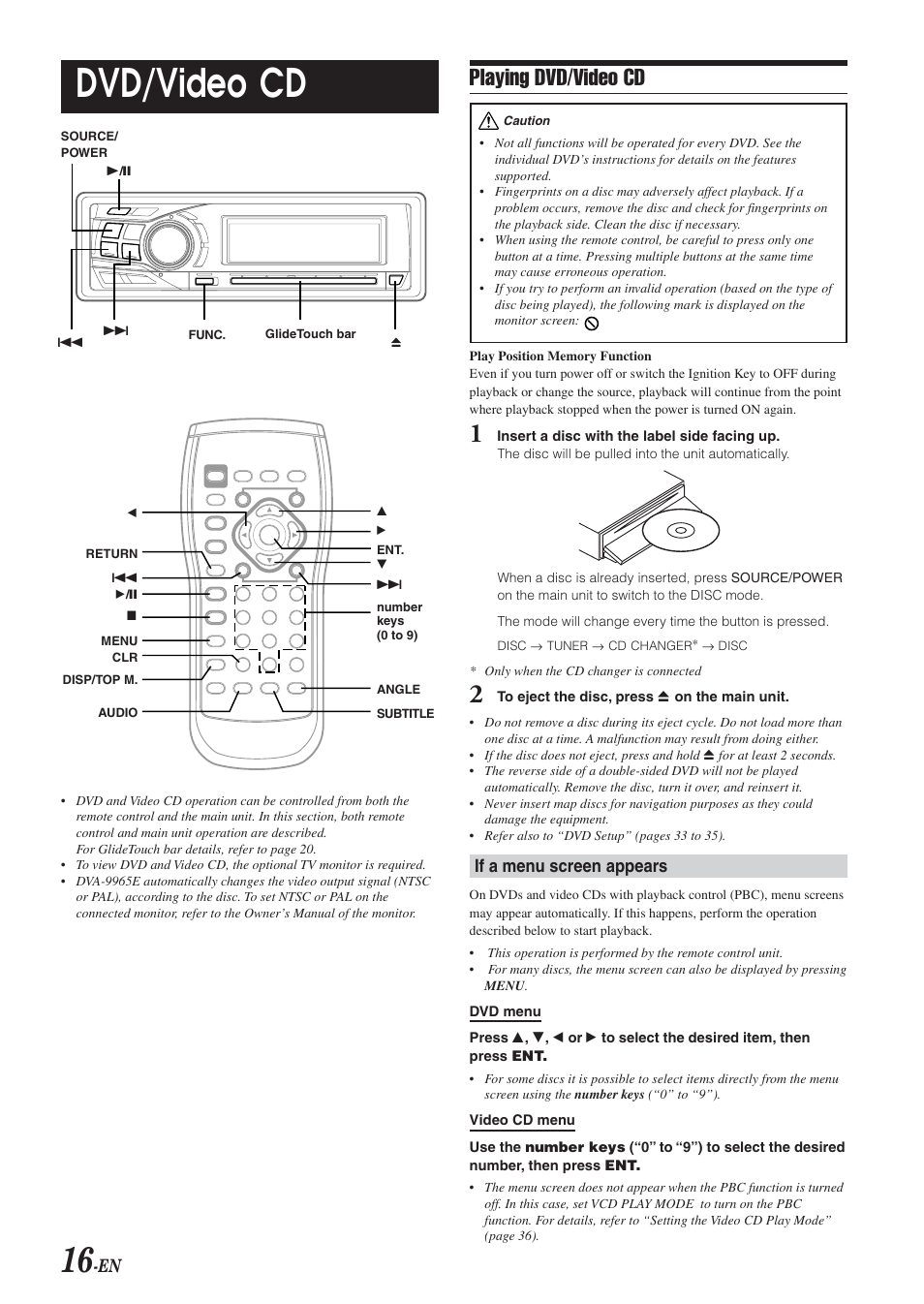 Dvd/video cd, Playing dvd/video cd, If a menu screen appears | Alpine DVA-9965E User Manual | Page 18 / 70